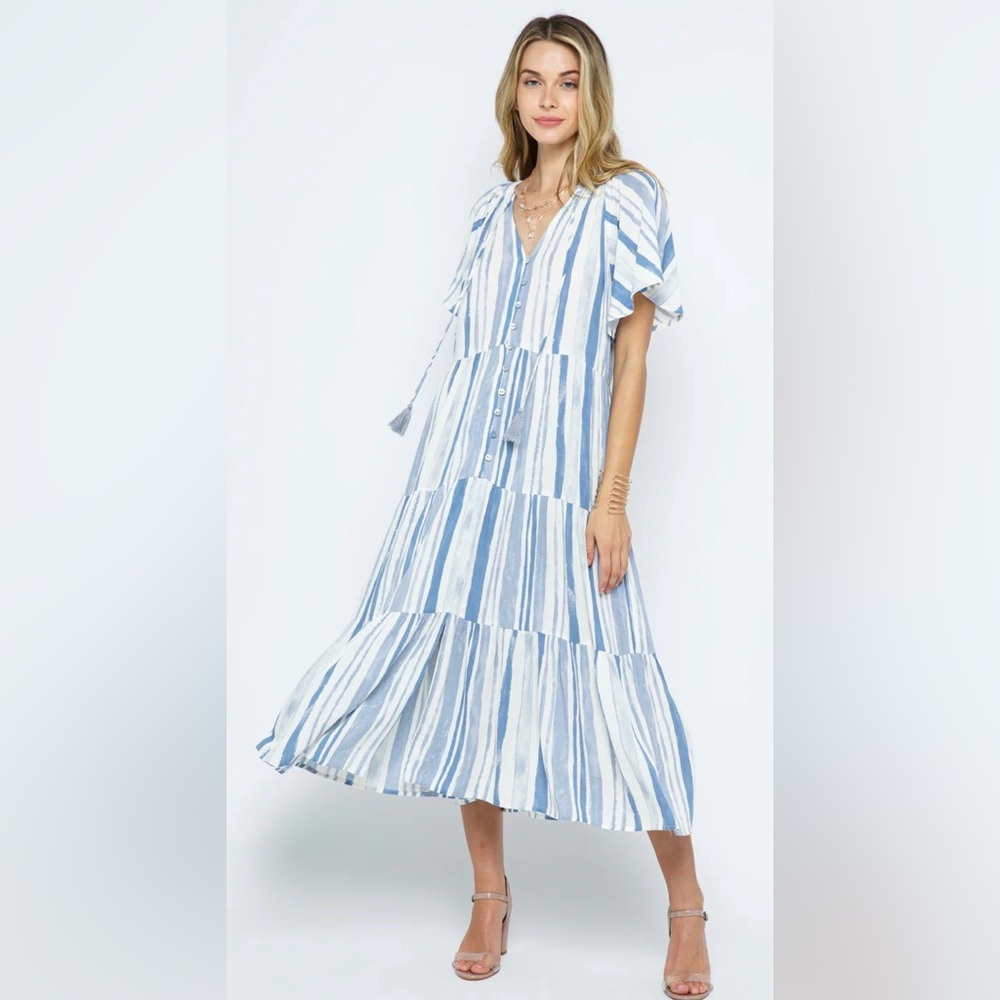 Striped Blue and White Tiered Maxi Dress - Casual Summer Style